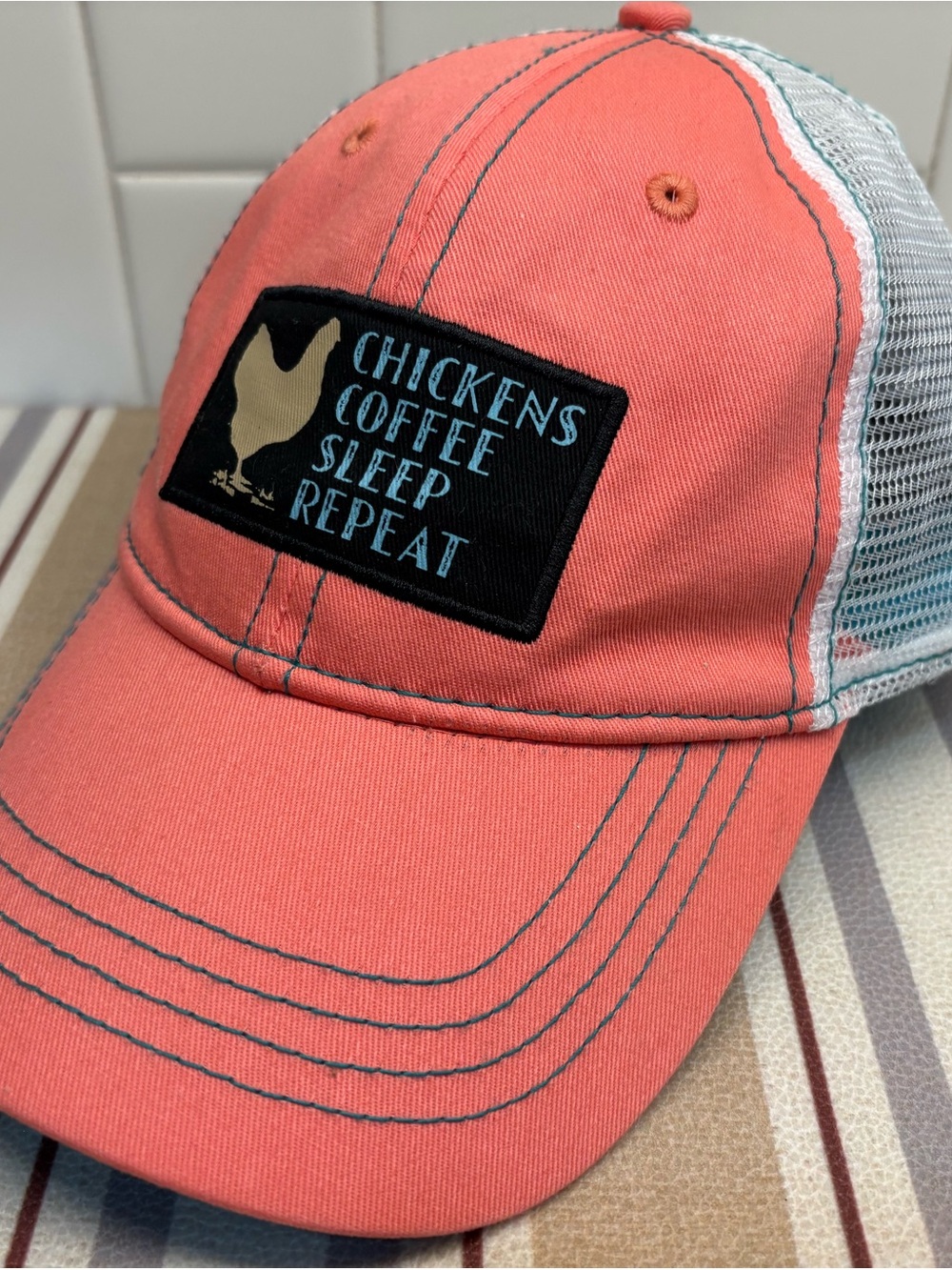 Infinity Chickens Coffee Sleep Repeat Trucker Hat Coral Floral Brim OSFM⁠